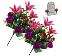 Licsaliwe 2 pacchi di fiori artificiali per tomba, rose e gigli di seta da 17, 3 pollici per la decorazione della lapide del cimitero, stile 2