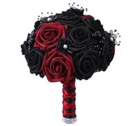 Licsaliwe Bouquet da sposa da sposa gotica, bouquet di fiori di rosa nera, artificiali, rosso e nero per il fidanzamento del matrimonio da da