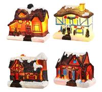 Licsaliwe Set Villaggio di Natale Illuminato a LED, Case in Resina da 4 Pezzi con Display da Tavolo Alimentato a Batteria