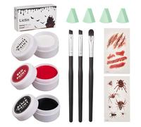 Lictin Trucco Halloween - 3 Colori, nero, rosso e bianco, contiene 3 pennelli, 2 spugne e 2 adesivi per tatuaggi. Pittura facciale Halloween, ideale per zombie, vampiri, mostri e cosplay