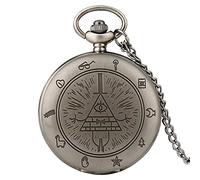 LIDCOM Gravity Fall Bill Cipher Time Gem Collana Orologio da taschino al quarzo Weird Town Triangle One-Eyed Devil Pendant Chain per uomo Donna,argento retrò