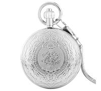 LIDCOM Orologio da taschino meccanico argento Modello floreale Guscio in rame Carica automatica Orologio a sospensione retrò Orologio da taschino con numeri romani blu, modello A