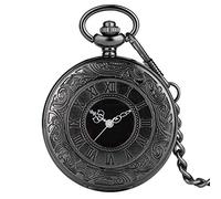 LIDCOM Orologio da taschino vintage Orologio da taschino steampunk al quarzo con numero romano antico Orologio da taschino nero scava fuori con pendente Collana a catena da uomo, catena spessa nera