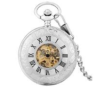 LIDCOM Vintage Bronze Hollow Double Sided Open Skeleton Orologio da Tasca Meccanico Design Scudo Fondello Arte da Collezione per Uomo Donna,Argento