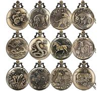 LIDCOM Zodiaco cinese bronzo vintage ratto/bue/tigre/coniglio/drago/serpente/cavallo/pecora/scimmia/gallo/cane/maiale collana al quarzo orologi da tasca, gallo zodiacale