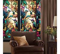 Lidzopas Pellicola Vetri Finestre,Pellicola per Finestre in Vetro Colorato Retrò Colorato Colibrì Fiore non Adesivo Pellicola Decorativa Statica 45 x 100 cm