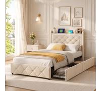 LieABak Letto Imbottito 90 x 200 cm con 2 cassetti, Letto Singolo con vano portaoggetti, Letto con Rete a doghe, Letto Funzionale, Colore Beige, Velluto (90 x 200 cm)