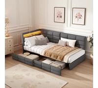 LieABak Letto imbottito per divano letto, 90 x 200 cm, con 2 cassetti, letto singolo con LED e USB, divano letto con vano portaoggetti, letto per ragazzi con rete a doghe e testate, in lino, grigio