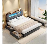 LieABak Letto matrimoniale imbottito 140 x 200 cm, con vano portaoggetti, letto con 4 cassetti, letto per ragazzi con LED e USB, camera da letto, letto imbottito con rete a doghe, velluto (grigio, 140