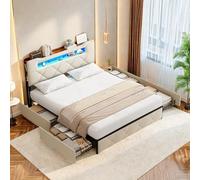 LieABak Letto matrimoniale imbottito 140 x 200 cm, con vano portaoggetti, letto con 4 cassetti, letto per ragazzi con LED e USB, camera da letto, letto imbottito con rete a doghe, velluto (beige, 140