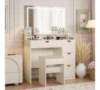 LieABak Tavolo da toeletta con specchio e sgabello, tavolo da trucco con 4 cassetti, tavolo da toeletta con LED e interruttore touch, tavolino da trucco con porta asciugacapelli, per camera da letto