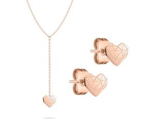 LIEBESKIND Berlin - Set di gioielli - Collana a Y con ciondolo a forma di cuore e orecchini abbinati, in oro rosa, catena rolò regolabile fino a 45 cm, impermeabile e delicato sulla pelle