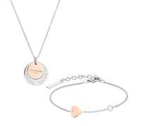 LIEBESKIND BERLIN, set di gioielli - collana con due monete e bracciale con ciondolo a forma di cuore - bicolore argento/IP oro rosa - catena regolabile fino a 45 cm - impermeabile e delicato sulla
