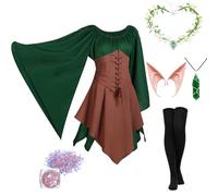 LIEOLGOH Abito da donna medievale, costume tradizionale irlandese da donna, costume da elfo rinascimentale, gotico con orecchie da elfo, accessori per capelli, clip per orecchio, calzini sopra il