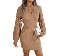 LIEROLYE Abito Invernale da Donna In Lana con Maniche a Lanterna, Abito In Maglia Traforata con Scollo a V, Abito Casual Chic In Tinta Unita(Khaki,L)