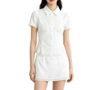 LIEROLYE Camicia Babydoll Abbottonata Y2K da Donna, Top Preppy Slim a Maniche Corte con Finiture In Pizzo Scozzese(White,M)