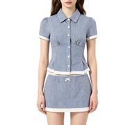 LIEROLYE Camicia Babydoll Abbottonata Y2K da Donna, Top Preppy Slim a Maniche Corte con Finiture In Pizzo Scozzese(Lattice,S)