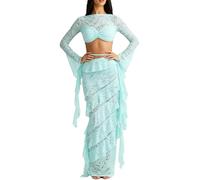 LIEROLYE Completo da Donna 2 Pezzi In Pizzo Aderente a Maniche Lunghe con Gonna Longuette a Strati con Nastro Elegante Abito da Festa(Blue,S)
