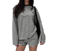 LIEROLYE Completo da Donna In 2 Pezzi, Top Girocollo Oversize a Righe e Pantaloncini, Tuta Casual(Black,M)
