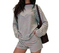 LIEROLYE Completo da Donna In 2 Pezzi, Top Girocollo Oversize a Righe e Pantaloncini, Tuta Casual(Pink,S)