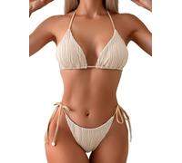 LIEROLYE Costume Da Bagno Donna, Bikini Due Pezzi A Triangolo A Coste, Costume Da Bagno Con Perizoma E Slip Allacciati Ai Lati(Beige,M)