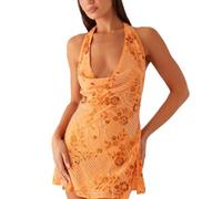 LIEROLYE Mini Abito Floreale con Paillettes da Donna, Scollo Profondo a V, Senza Maniche, con Spacco Laterale sulla Schiena(Orange,M)