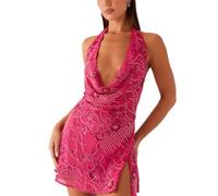 LIEROLYE Mini Abito Floreale con Paillettes da Donna, Scollo Profondo a V, Senza Maniche, con Spacco Laterale sulla Schiena(Rose Red,L)