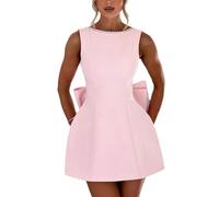 LIEROLYE Mini Abito in Raso di Perle con Abito Corto Senza Maniche con Fiocco sul Retro for Feste in Spiaggia(Pink,M)