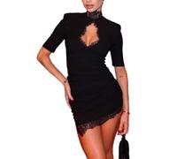 LIEROLYE Miniabito Aderente da Donna con Finiture in Pizzo, Maniche Lunghe, Stile Corsetto con Colletto Rialzato(S)