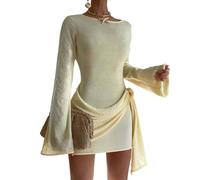 LIEROLYE Miniabito da Donna in Maglia Y2K a Maniche Lunghe con Scollo a Barca e Schienale in Maglione Floreale 3D all'Uncinetto(Yellow,S)