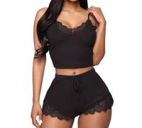 LIEROLYE Pantaloncini Pigiama in Pizzo con Scollo a V a Coste e Pigiama da Donna(Black,M)