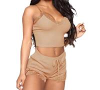 LIEROLYE Pantaloncini Pigiama in Pizzo con Scollo a V a Coste e Pigiama da Donna(Khaki,S)