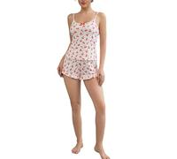 LIEROLYE Pigiama da Donna 2 Pezzi, Pigiama Estivo con Stampa di Ciliegie, Canotta e Pantaloncini con Elastico in Vita e Rifiniture a Lattuga(XL)