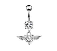 Lieson Anello per Ombelico, Anello Piercing Ombelico Donna Piercing Ombelico Anello Acciaio Chirurgico Cuore di Zirconi Bianco con Ala d'Angelo, Argento