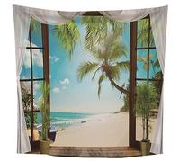 Lieson Arazzi da Parete, Arazzo Moderno da Parete 240x220CM Finestra Spiaggia Albero Teli Parete da Appendere Alla Parete Per Decorazione Della Casa, Blu Verde