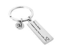Lieson Donna Portachiavi Auto, Portachiavi Acciaio Personalizzabile Uomo Portachiavi Personalizzabili con Incisione Dog Tag Drive Safe I Need You Here with Me con Lettera M Argento