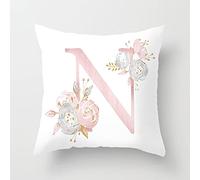 Lieson Federe Copricuscini Divano, Federa 50x50 Cuscino 1 Pezzo Federa Copricuscino Bianco Rosa Lettera Inglese N con Fiore, Poliestere