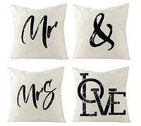 Lieson Fodera per Cuscini Divano, Federa 40x40 CM 4 Pezzi Federe Cuscini Rosso Nero Bianco Mr And Mrs Love, Lino
