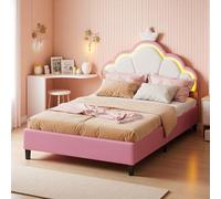 Lietre Letto imbottito per bambini 90 x 200 cm, letto singolo imbottito con LED e testiera regolabile, letto una piazza e mezza bambini, design corona da principessa, velluto (Rosa, 90 x 200 cm)