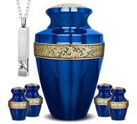 LIFAG Set di 6 urne funebri e per cremazione blu e oro, per donne e uomini, 1 grande urna blu per ceneri adulte maschio con 4 piccole urne abbinate per ceneri umane, adulte femminili e 1 collana di