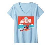 Life Guard off Duty Beach Scena Estate Vacanza Maglietta con Collo a V, Donna, Celeste, S
