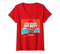 Life Guard off Duty Beach Scena Estate Vacanza Maglietta con Collo a V, Donna, Rosso, S