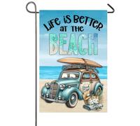 Life Is Better At The Beach Blue Car Coastal Bandiere Colore Vivido Flag Resistente Alle Intemperie Bandiera Da Giardino Per Interno Prato Giardino 30X45Cm