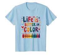 Life Is Better in Color Crayon Art Inspirational Citazione Maglietta, Bambini, Celeste, 8 Anni