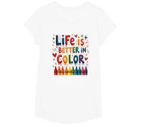 Life Is Better in Color Crayon Art Inspirational Citazione Maglietta, Ragazze, Bianco, L