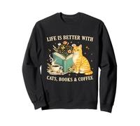 Life is Better with Cats Books And Coffee Cat Lover Reading Felpa