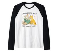 Life is Better with Cats Books And Coffee Cat Lover Reading Maglia con Maniche Raglan
