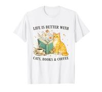 Life is Better with Cats Books And Coffee Cat Lover Reading Maglietta