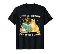 Life is Better with Cats Books And Coffee Cat Lover Reading Maglietta