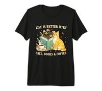 Life is Better with Cats Books And Coffee Cat Lover Reading Maglietta Premium